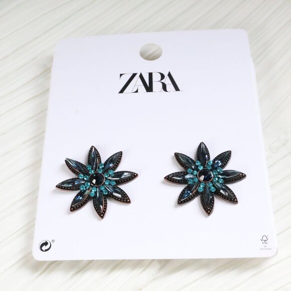 ZARA Jewelry - New ZARA Dazzling Blue Crystal Floral Earrings Statement Jewelry